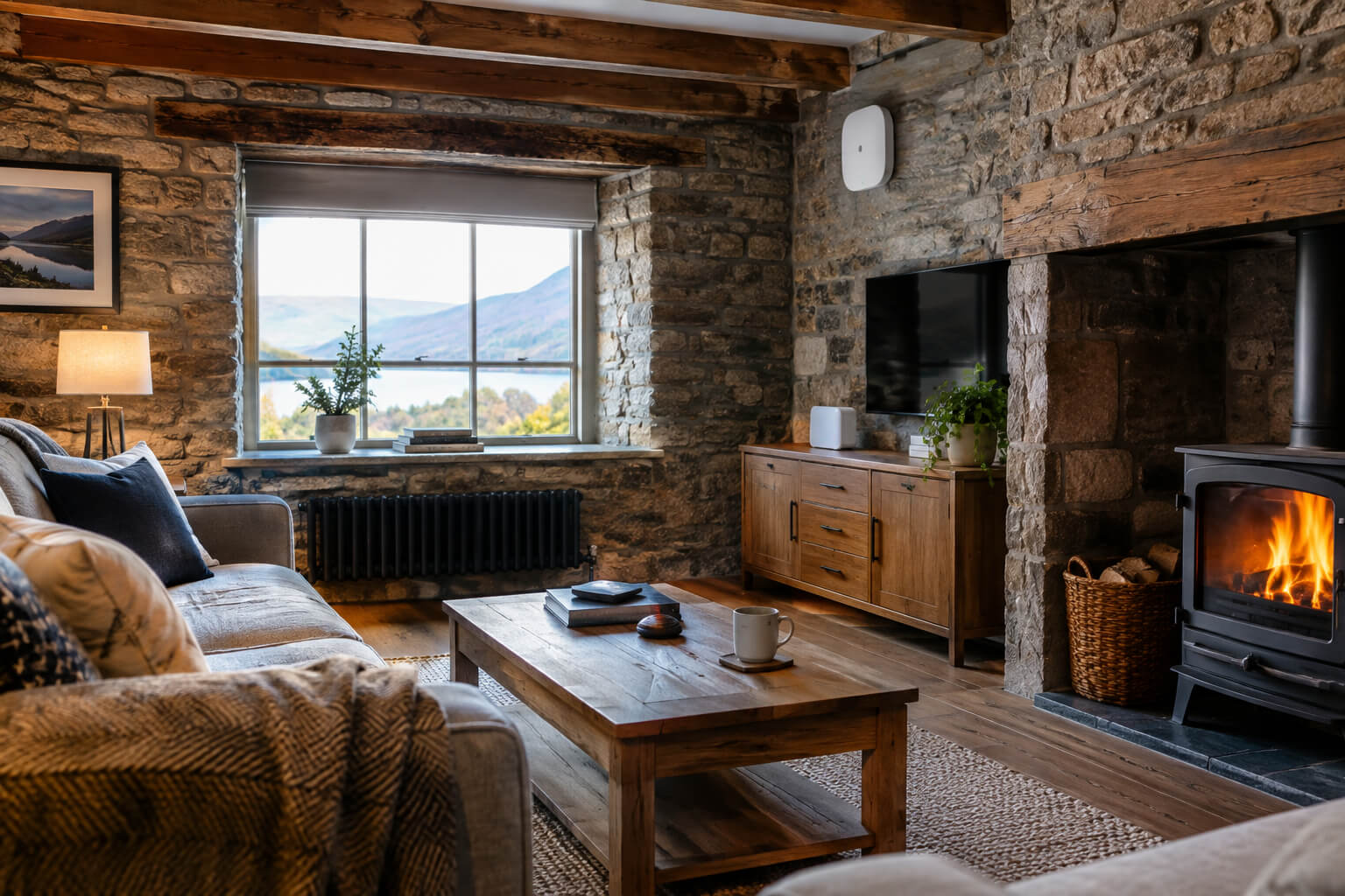 Refined Cumbrian stone cottage interior showing discreet networking installation
