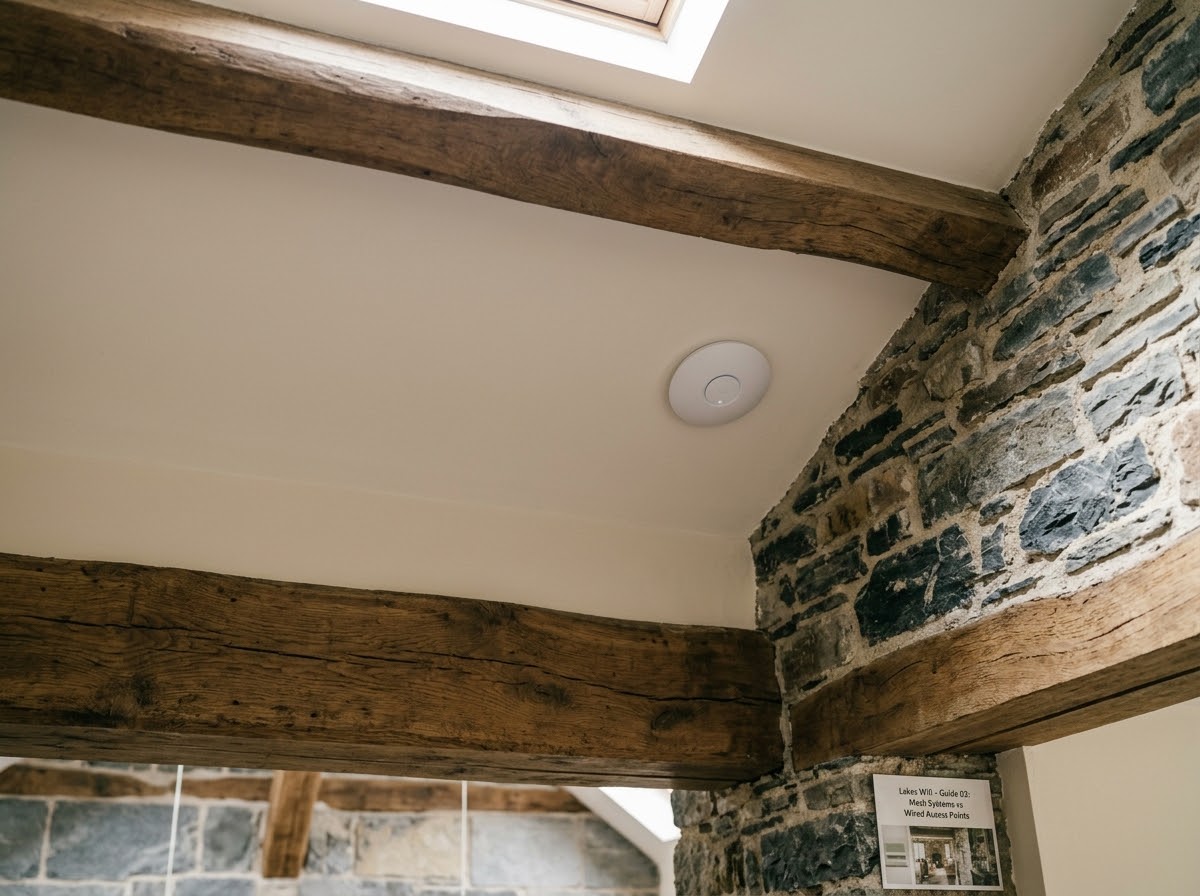 Discreet hardwired network access point mounted neatly in cottage