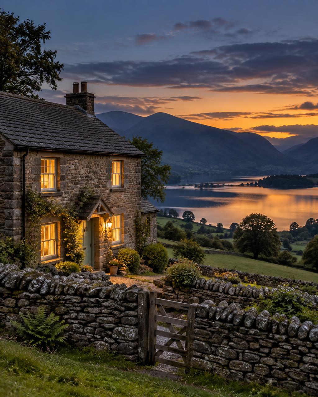 A Lake District stone cottage at dusk with warm light in the windows, overlooking a calm lake and fells