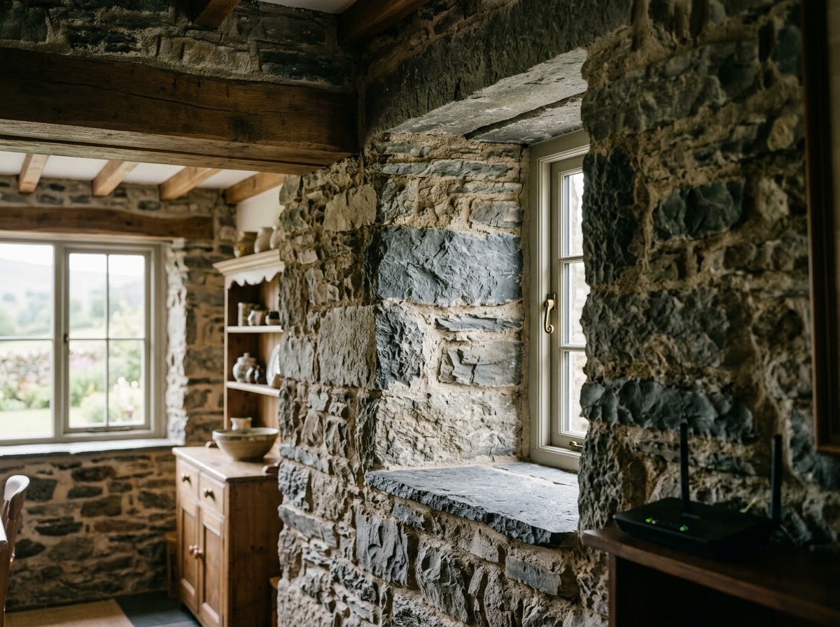 Traditional Lakeland thick stone wall showing dense mortar and slate construction