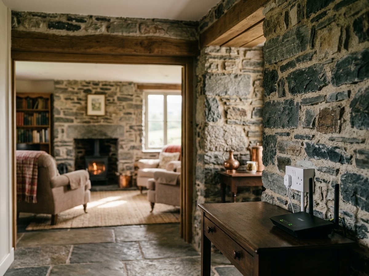 Lakeland stone cottage hallway looking towards distant room
