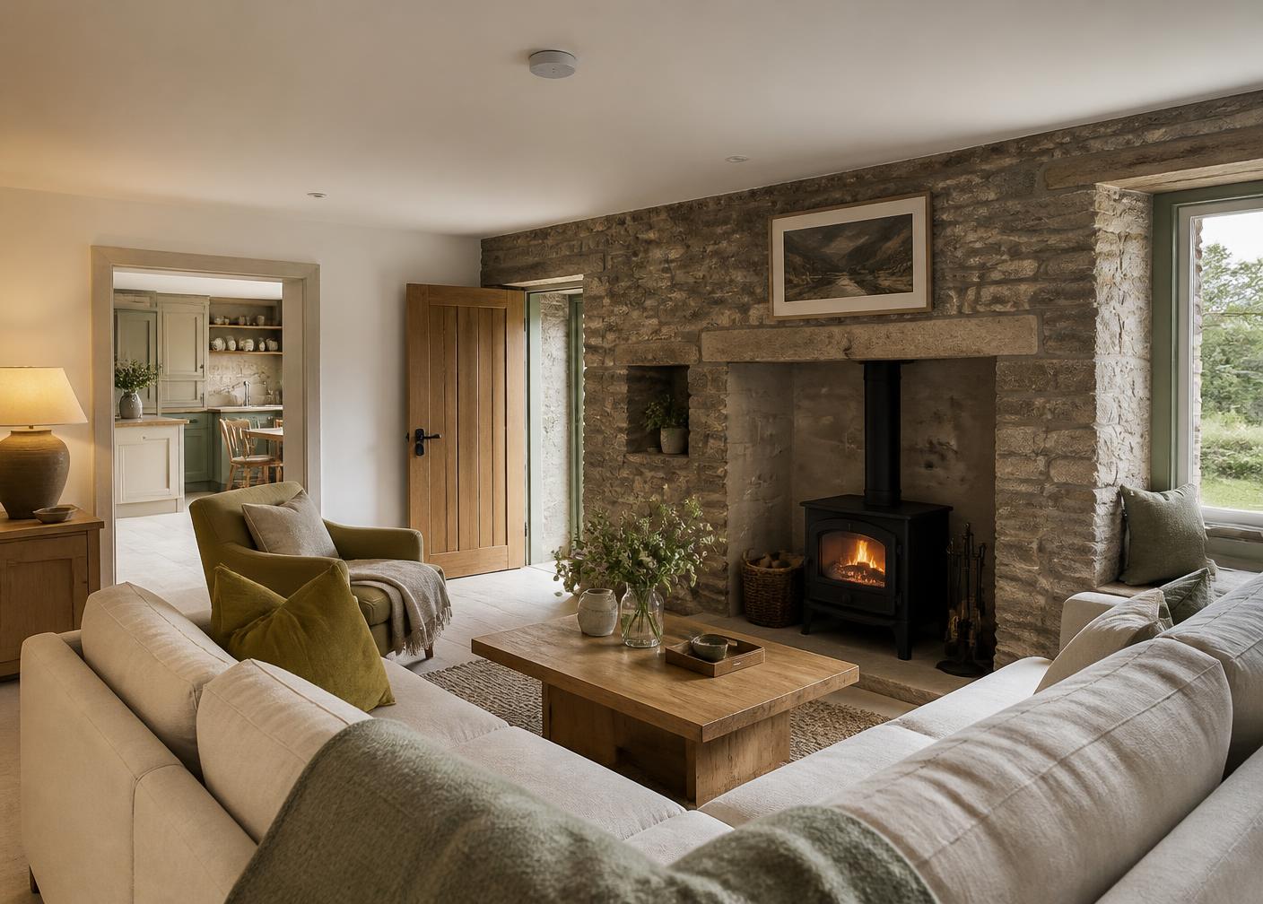 A discreet wireless access point in a refined stone cottage interior
