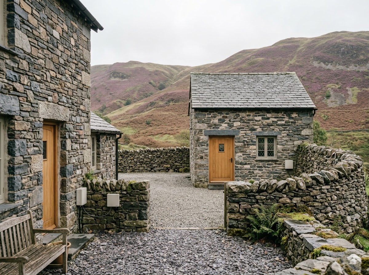 Stone outbuilding and annex across an open courtyard
