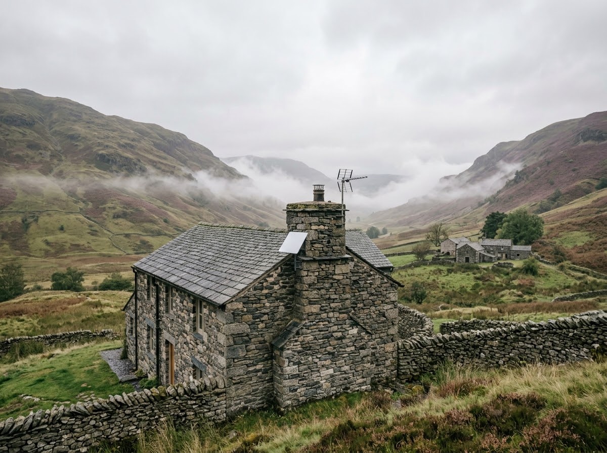 Stone cottage in the Cumbrian fells with external antenna